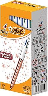 BIC, Caneta Escrita Média Retrátil, 4 Cores Clássicas, Corpo Metálico Rose Gold, 12 Unidades