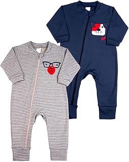 Macacao Bebe com Ziper Menino Suedine Listrado e Liso Kit Macacão Suedine Algodao Cachorro 2 Pecas - Marinho