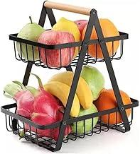 Mini Fruteira de Mesa 2 Andares em Metal com Alça de Bambu – Organizador para Cozinha e Sala (PRETO)