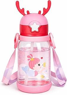 Garrafa Alce com Canudo e Alça de Transporte 600ml Antivazamento Squeeze com Tampa de Botão, Garrafinha Portátil para Escola, Passeios, Viagens e Uso Diário (Rosa)