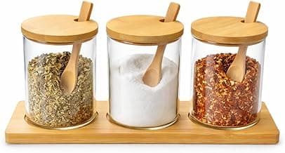 Kit 3 Potes para Temperos com Base Organizadora em Bambu Porta Mantimentos para Açúcar, Sal, Café e Especiarias Porta Condimentos Vidro Borossilicato 320ml com Tampa e Colher de Bambu