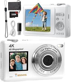 Câmera Digital,Fotográfica 48MP 4K,Câmera Compacta para Vlogs com Tela Dupla, Cartão de 32 GB, Zoom Digital de 16x e Estabilizador de Imagem, Ideal para Iniciantes (Branco)