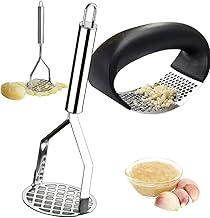 Kit 2 Peças Amassador Espremedor Triturador de Alho e Amassador de Batatas Purê Legumes e Feijão Inox Manual 24,5 CM e Ergonômico Amassar e Descascar Alho Utensílio para Cozinha Alho CLICK FACIL
