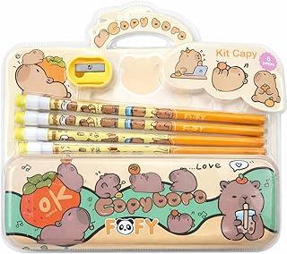 Kit Escolar Capivara, 6 Peças com 4 Lápis HB Decorados, Apontador Amarelo e Estojo Lata, Material Escolar Infantil com Desenhos Divertidos, Ideal para Uso diário, Tema Capivara