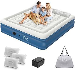 Colchão Inflável Casal Deluxe 205 * 180CM com Bomba de ar Elétrica Embutida e Três Travesseiro, Inflação e Deflação Rápidas e Automáticas, para Viagens e Acampamentos - Azul Marinho e Cinza