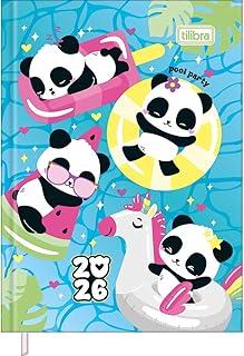 Tilibra - Agenda Costurada Mini 7,8 x 10,8 cm Lovely Friend 2026 - Pandas - Fundo Azul Piscina
