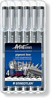 STAEDTLER Caneta Nankin Pigment Liner 4 +2 Preto - 308 SB6P - Pontas Variadas: 0.05, 0.1, 0.2, 0.3, 0.5 e 0.8mm - Fineliner Permanente com Tinta Pigmentada, À Prova d’Água, Ideal para Escrita