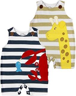 Kit 2 Macacões Bebê Sem Manga Listrado – Estampas Siri e Girafa – Suedine 100% Algodão – Cor Branco