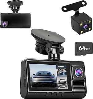 Câmera Veicular 3 Lentes Full HD 1080p, Dashcam Frontal, Interna e Traseira, Tela IPS 3,0 Polegadas, Ângulo 150°, 64GB