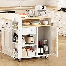 Carrinho de Cozinha com Rodízios, Carrinho de Servir Multifuncional com Gaveta, Armário e Prateleiras Laterais, Ilha Móvel com Toalheiro para Sala de Jantar e Cozinha, Branco