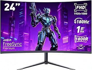 Monitor Curvo para jogos de 24 polegadas, monitor de computador FHD 1080P de 180 Hz, tempo de resposta de 1 ms, ultrafino, alto-falantes integrados, baixa latência, VESA, compatível com G-SYNC