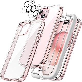 JETech Capa 5 em 1 para iPhone 15 6,1 Polegadas com 2 Unidades de Proteção do Ecrã em Vidro Temperado e da Lente da Câmara, Case Capinha para Telemóvel à Prova de Choque que Não Amarelece (Rosa)