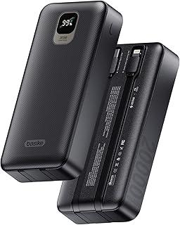 Basike Power Bank, Carregador Portátil Universal 20000mAh, USB-A(até 22.5W)+USB-C(até PD20W), com 2 Cabos Integrados (USB-C, Lightning) Carregamento Rápido (Preto)