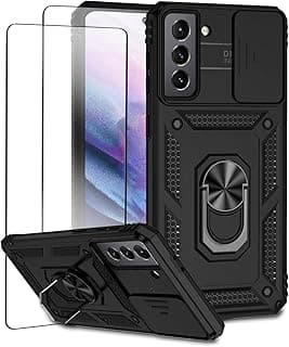 Capa para Samsung Galaxy S21 Plus S21+ Capinha | com 2 peças de protetor de tela temperado com janela deslizante da câmera e suporte para telefone incluídos - Preto