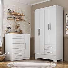 Quarto Infantil Completo Guarda Roupa 4 Portas 2 Gavetas com Cômoda Amy Espresso Móveis Branco