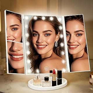 Espelho Maquiagem com LED Triplo Dobrável, Espelho de Aumento 2X e 3X, Luz por Toque, USB Recarregável, Base com Organizador e Rotação 180° Portátil para Viagem, Casa e Escritório