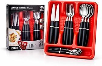 Jogo de Talheres 25 Peças em Aço Inox Preto com Organizador – Faqueiro Conjunto de Talheres com Facas, Garfos e Colheres (PRETO)
