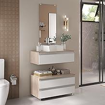 Gabinete Banheiro Creta 80cm (02 armários + cuba + espelho) (Madeirado/Branco)