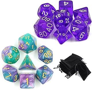 2 Conjuntos 7 Dados Rpg Roxo Translúcidos E Galaxia Universo Roxo com Verde + Bolsa Veludo