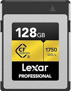 Lexar Cartão de memória profissional CFexpress tipo B de 128 GB, série OURO, até 1750 MB/s de leitura, gravação de vídeo 8K crua, suporta PCIe 3.0 e NVMe (LCXEXPR128G-RNENG)