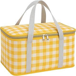 Cesta de Piquenique Térmica com Alça Bolsa Cooler Dobrável Isolamento Térmico Ideal para Picnic Passeios Camping Praia Mantém Frio e Quente com Zíper Duplo Grande Capacidade (Xadrez Amarelo)
