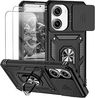 Capa para Xiaomi Poco X7 Pro 5G Capinha | com 2 peças de protetor de tela temperado com janela deslizante da câmera e suporte para telefone incluídos - Preto