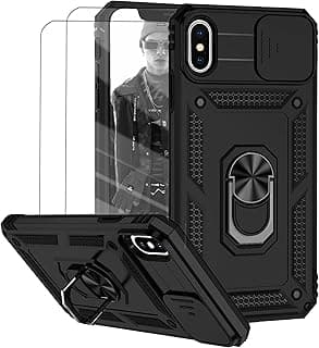 Capa para iPhone XS Max Capinha | com 2 peças de protetor de tela temperado com janela deslizante da câmera e suporte para telefone incluídos - Preto