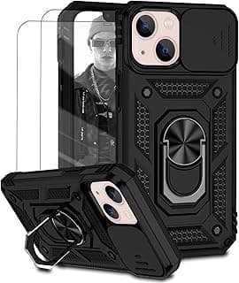 Capa para iPhone 13 Mini Capinha | com 2 peças de protetor de tela temperado com janela deslizante da câmera e suporte para telefone incluídos - Preto