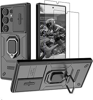 Capa para Samsung Galaxy S24 Ultra Capinha - com [2 peças] protetor de tela de vidro temperado, com proteção deslizante da tampa da câmera e suporte, Estojo de silicone macio à prova choque