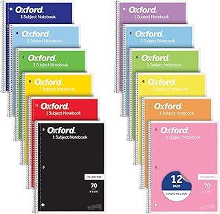 Oxford Caderno espiral pacote com 12, cadernos espirais pautados universitários a granel para escola, diário de 1 assunto, papel pautado universitário, 20 x 26 cm, a variedade de cores pode variar, 70