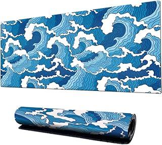 Mouse Pad Gamer Speed Extra Grande Profissional 90x40 x3mm Bordas Costuradas e Base Emborrachada e Antiderrapante Onda Japonesa Premium (Azul)