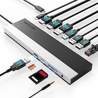 WAVLINK Estação de ancoragem USB C 3 monitores, estação de acoplamento com dual HDMI DP 100 W PD, USB3.0 e 2.0, RJ45, slots SD/TF, áudio/microfone, compatível apenas com computador Windows