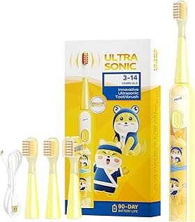 MOMODENT Escova Elétrica Crianças Sônica, Cerdas Extra Macias, 3 Cabeças Substituíveis, 3 Modos de Vibração, IPX7 à Prova D'Água, Recarregável, para Infantil de 3 a 12 Anos (Amarelo)