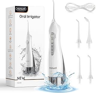 Fio dental sem fio Mornwell para dentes – Tanque de 300 ml e 4 pontas de jato, Irrigador oral dental portátil de 3 modos, cuidados com cintas, irrigador bucal portátil recarregável (Branco)