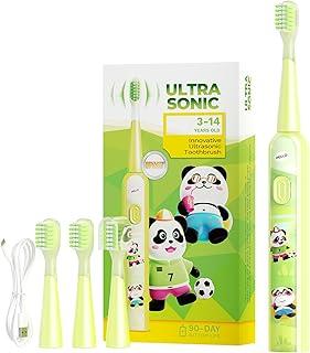 MOMODENT Escova Elétrica Crianças Sônica, Cerdas Extra Macias, 3 Cabeças Substituíveis, 3 Modos de Vibração, IPX7 à Prova D'Água, Recarregável, para Infantil de 3 a 12 Anos (Verde)