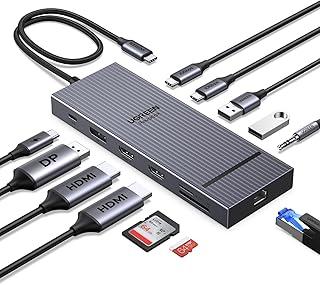 UGREEN Hub USB C, Dock Station Revodok Pro 12 em 1 com Dual HDMI e DP 4K, USB-C 10Gbps, Ethernet 1000Mbps, Leitor de Cartão SD TF 170 MB/s, Áudio 3,5 mm, Carregamento 100W, Compatível com DELL e HP