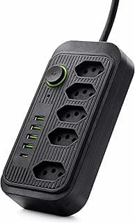 Extensão Elétrica, 5 Tomadas + 4 Interfaces USB's + 1 Interface USB-C – Filtro de Linha com USB, Extensão Tomada, Régua Tomada, Régua de Energia, Bivolt 110-220V, Potência de 2500W com Cabo 2m
