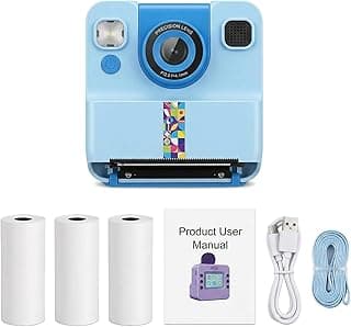 Camera Fotografica Infantil Azul 24 MP, Tela 2,4 Polegadas, Resolução 1080P, Impressão Instantânea Colorida, 2 Rolos Preto e Branco + 1 Rolo Amarelo, Cartão de Memória 32 GB