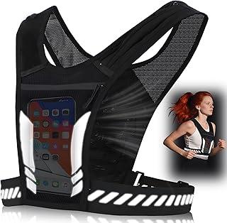 Colete Corrida Refletivo com Bolso de Malha, Cintura Ajustável, Suporte Frontal para Celular e Bolsos para Hidratação，para Corrida, Treino, Ciclismo e Corrida Noturna