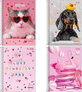 Kit com 4 Cadernos de 12 Matérias, Zoom+ Feminino, 240 Folhas, Capas Sortidas