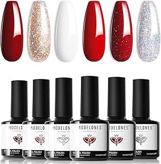 modelones Red Gel Nail Polish Set 6 Colors, White Glitter Sparkle Bright Burgundy Dark Rose Champagne Silver Candy Cane Nail Polish Kit Soak Off Mothers Day Nail Art Manicure Salon DIY Gift Women