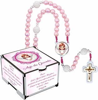 Conjunto Terço Infantil com Caixinha e Oração do Anjo da Guarda ✝️ Lembrancinha para Batizado, Crisma, Primeira Comunhão, Festa Religiosa – Feito no Brasil 💕 (Rosa)
