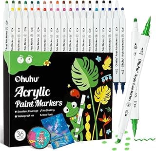 Marcadores Acrílicos 36 Cores Vibrantes, Ponta Dupla (Pincel e Ponto). Kit Profissional para Artesanato, Pintura em Tela, Pedra, Madeira, Vidro e Mais. Tinta Acrílica Permanente de Secagem Rápida com 8.51% de desconto por R$ 78,69 na amazon