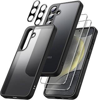 JETech 5 em 1 Capa Fosca para Samsung Galaxy S24+ / S24 Plus 5G com 2 Pacotes Protetor Tela e Protetor Lente Câmera, Case Protetora Translúcida, Filme de Vidro Temperado (Preto)