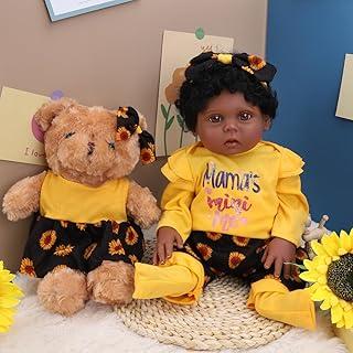 Bebê Reborn Silicone Boneca Menina Preto Realista Olhos Castanhos 48cm Pode Dar Banho (Cabelo Cacheado Curto)