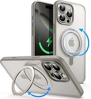 JETech Capa de Anel Giratória 360 de Graus para iPhone 16 Pro 6,3 Polegadas com Botão de Controle de Câmera, Compatível com MagSafe, Case Fina com Suporte & Suporte de Anel (Titânio Natural)