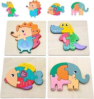 Conjunto 4 Quebra-Cabeça 3D em Madeira para Bebês 1+ – Encaixe de Formas e Cores – Estimula Coordenação Motora, Lógica, Brinquedo Educativo, Criatividade e Aprendizado Infantil (Animais 2)