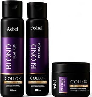 Kit Matizador Blond Platinum Asbel (3 Itens) – Shampoo 300ml + Condicionador 300ml + Máscara 300g – Efeito Platinado Profissional com Aloe Vera e Óleo de Abacate.