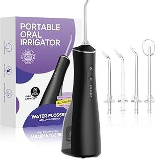 OralGos Irrigador Oral Bivolt com 3 Modos, Jato de Água Ajustável Fio Dental de Água, USB Recarregável, IPX7, 4 Bicos, 300ML Irrigador Bucal Portátil para Viagem e Casa (Preto)