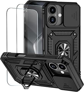 Capa para iPhone 17 Capinha | com 2 peças de protetor de tela temperado com janela deslizante da câmera e suporte para telefone incluídos - Preto